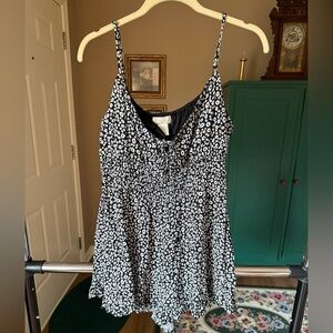 Black and White Asymmetrical Ruched Camisole Romper